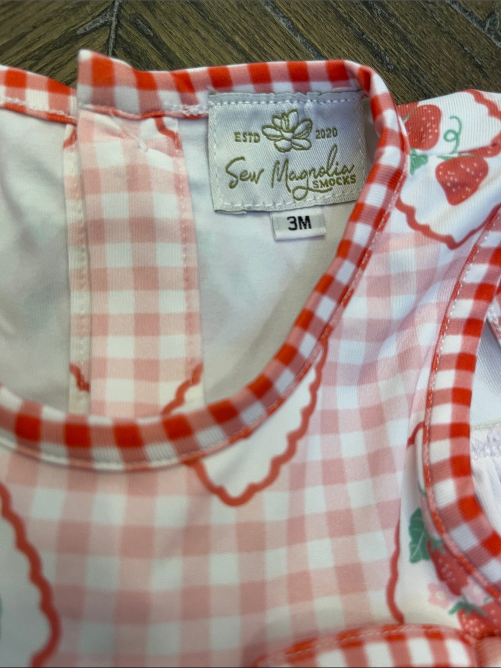 Sew Magnolia Smocks Pink Gingham Strawberry Dress with Matching Bloomer - Picture 2 of 7